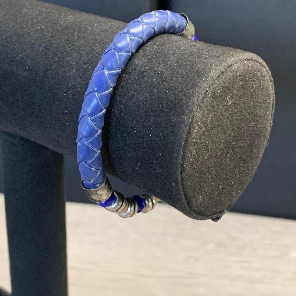 Alex and Ani Blue Braided Leather Wrap Bracelet Wood Silver Beads 4533